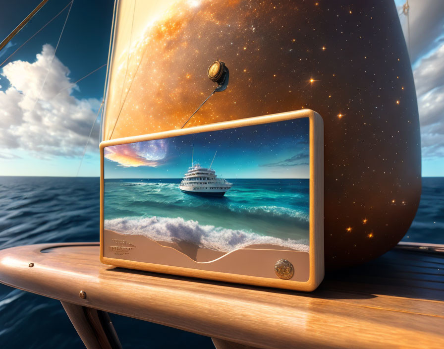 Tablet displaying yacht on dynamic ocean at dawn