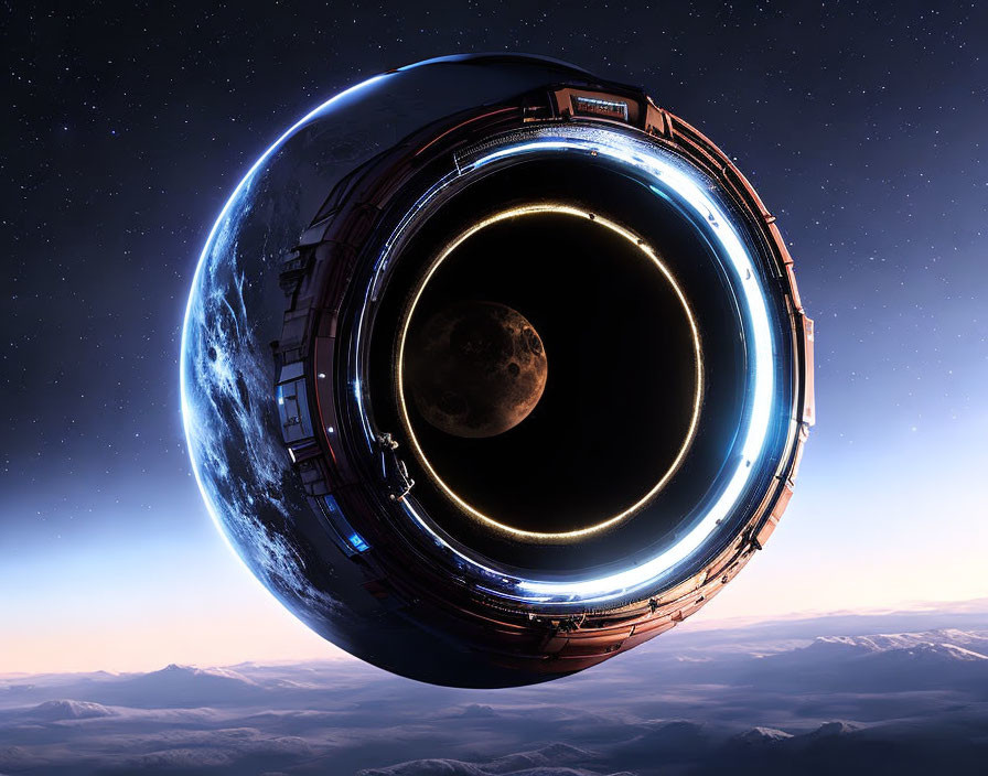 Futuristic circular space station orbiting Earth with Moon in starry sky