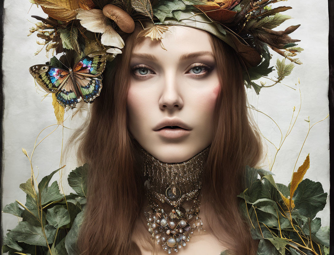 Woman with floral headpiece and butterfly, wearing ornate necklace on pale backdrop