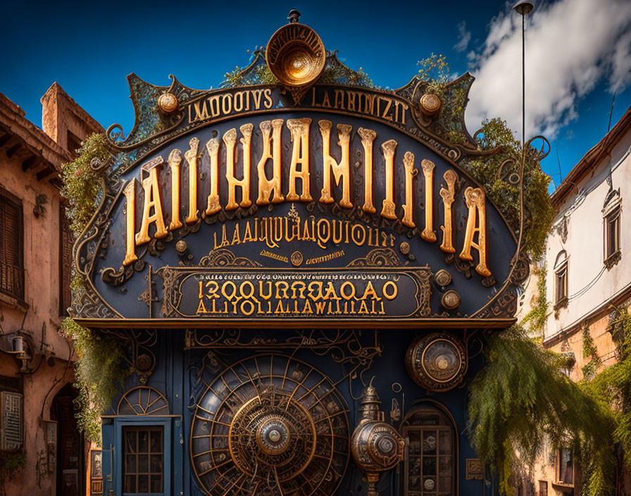 Vintage-Style Sign with Cyrillic Script on Blue Sky Background