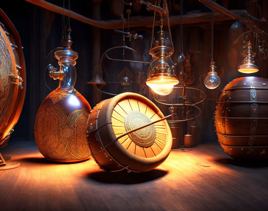 Mystical objects in ornate room: shield, potion bottle, barrel with intricate glowing patterns