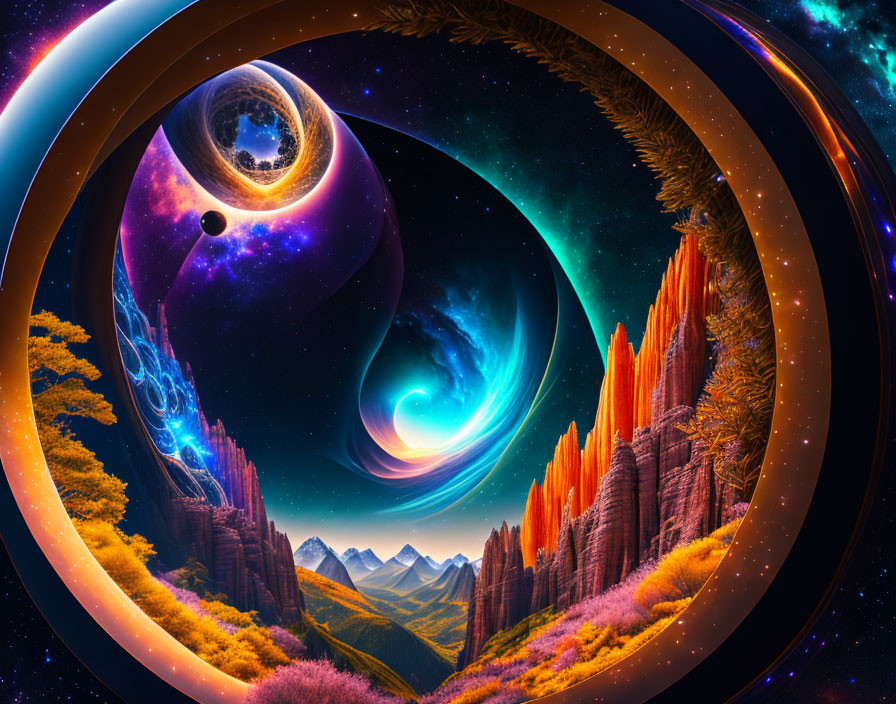 Surreal cosmic landscape with swirling galaxies and alien flora