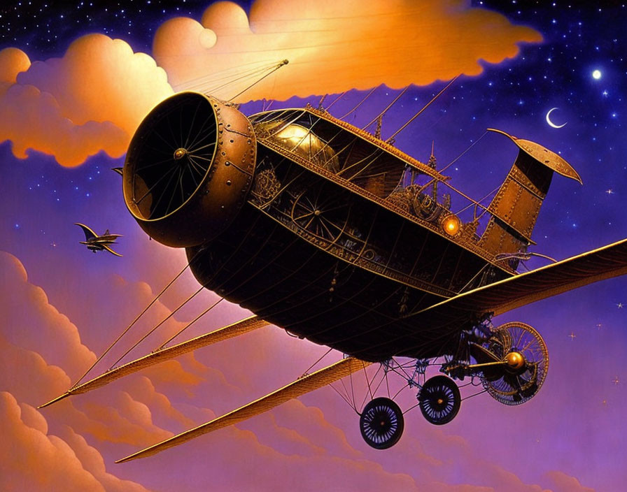 Steampunk-style airship in dusky sky with stars and clouds