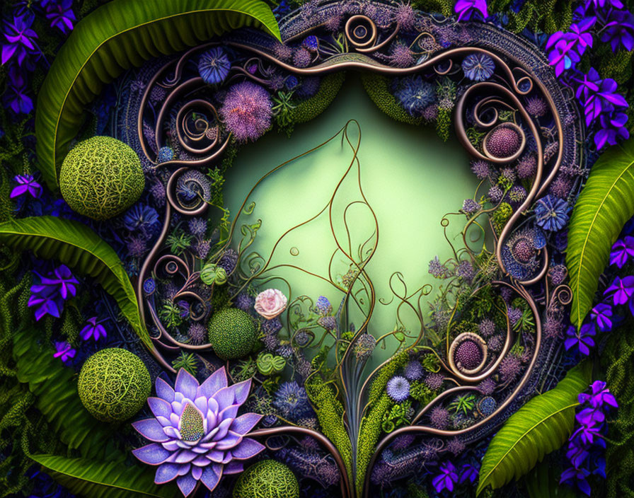 Intricately designed digital art with floral motifs and lush greenery