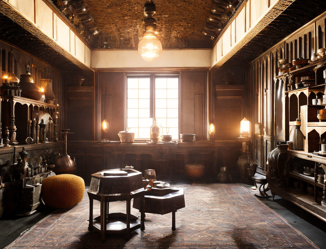 Vintage apothecary with wood paneling, glass bottles, scales, and warm lighting