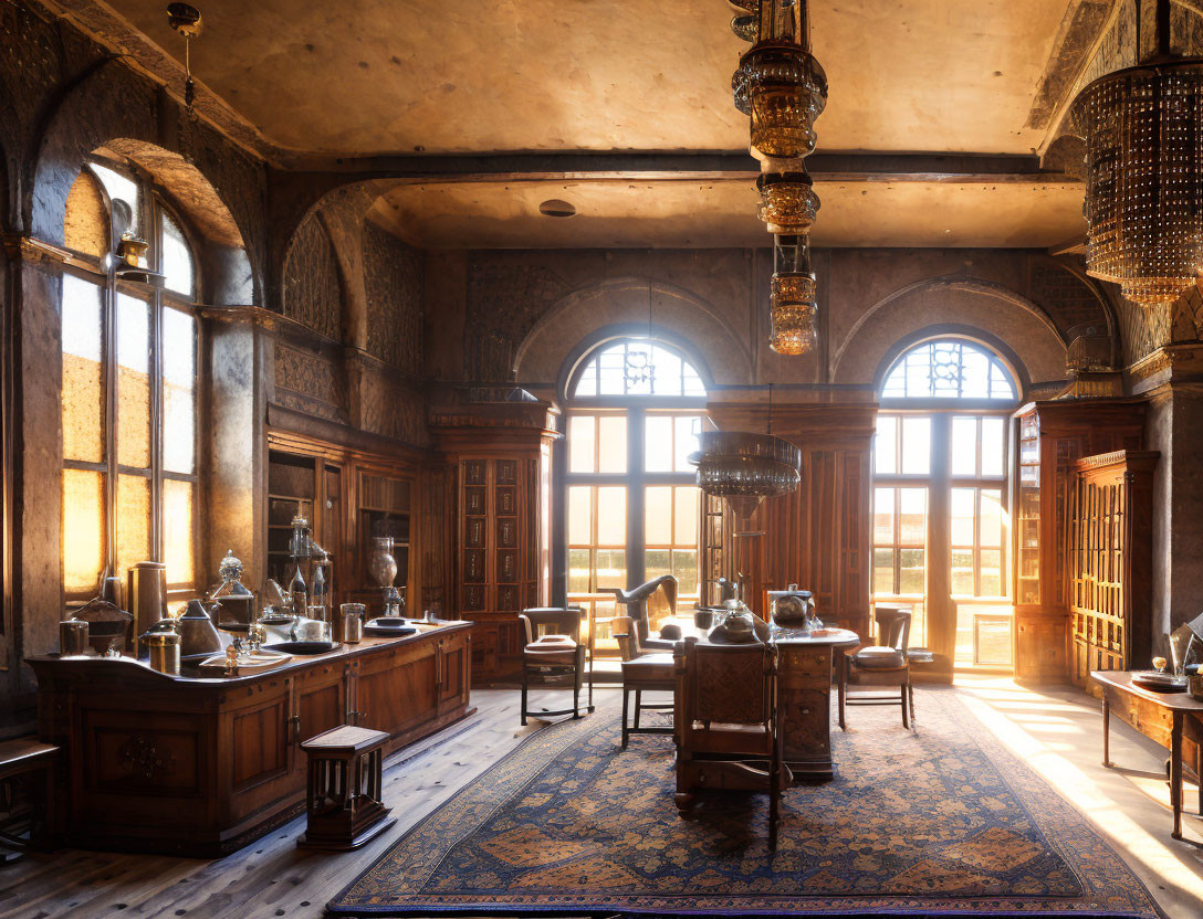 Vintage Furniture and Ornate Chandeliers in Elegant Room