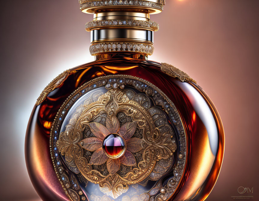 Luxurious Perfume Bottle: Gold Details, Amber Liquid, Floral Motif