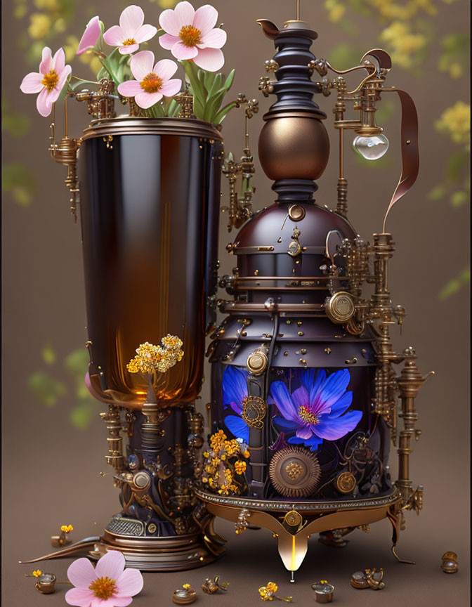 Steampunk-inspired apparatus with floral accents and intricate details