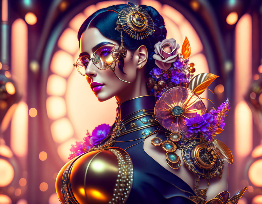 Stylized portrait of woman with gold accessories and purple flora on circular backdrop