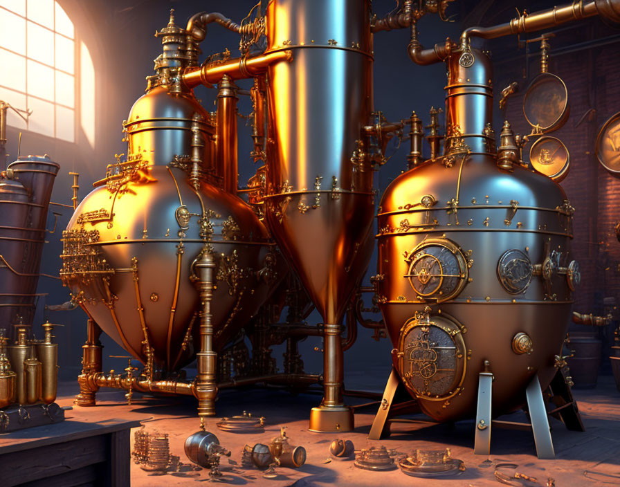 Steampunk machinery setup with brass pipes and tanks and intricate gears in industrial room.