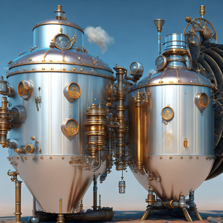 Shiny steampunk-style copper boilers with intricate detailing against clear sky