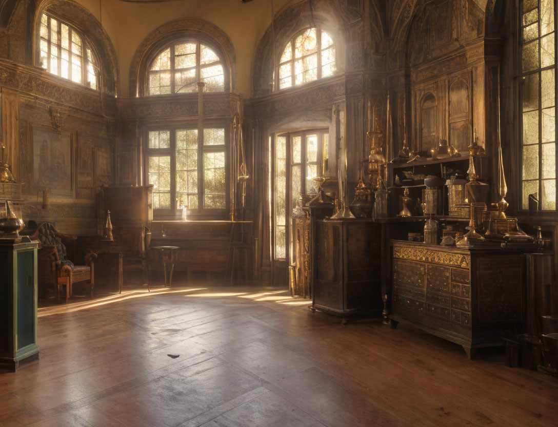 Vintage room with wooden floors and antique furniture in sunlight