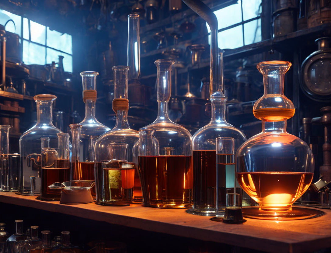 Amber-colored liquids in glass containers on vintage laboratory backdrop