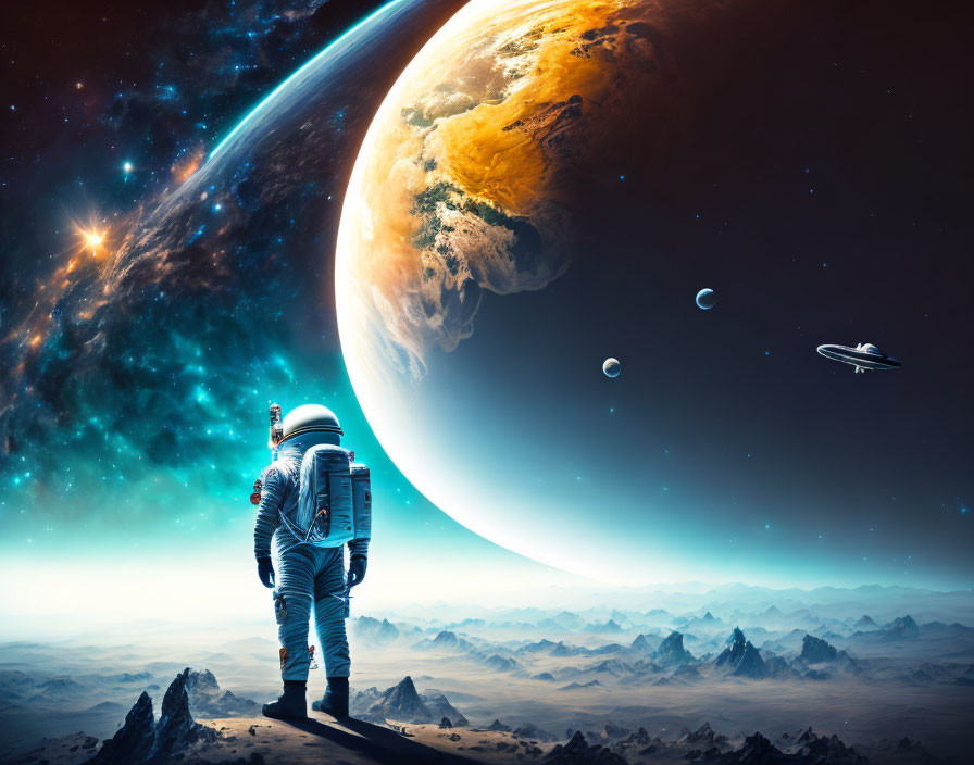 Astronaut on rocky alien surface with planet, moons, and galaxy in background