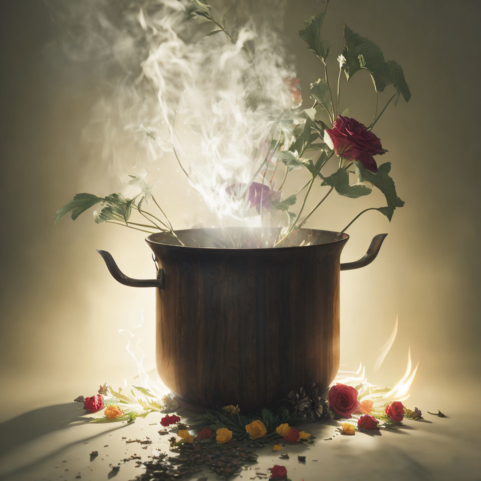 Cauldron emitting smoke with red roses and leaves on warm backdrop