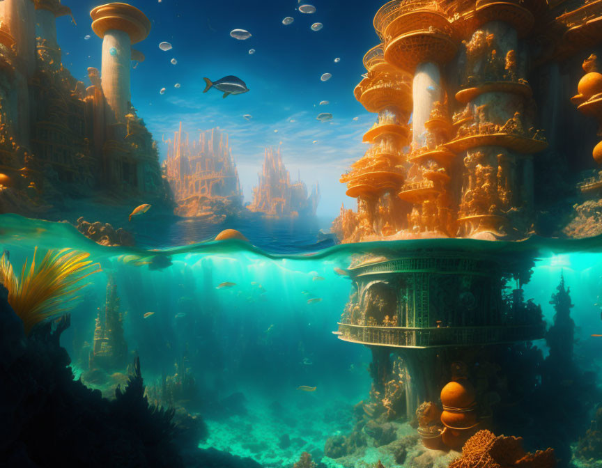 Ornate underwater fantasy city with sunlight, fish, and tranquil depth