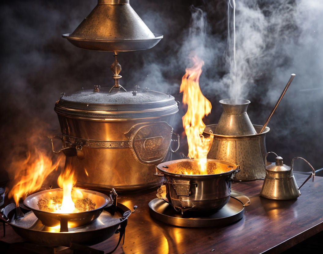 Rustic kitchen with copper pots, open flames, steam, and old-fashioned lamp