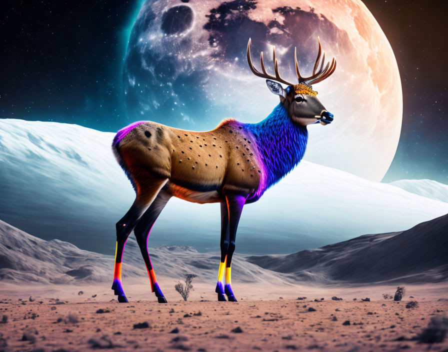 Digitally altered image: Rainbow deer on cosmic landscape with moons