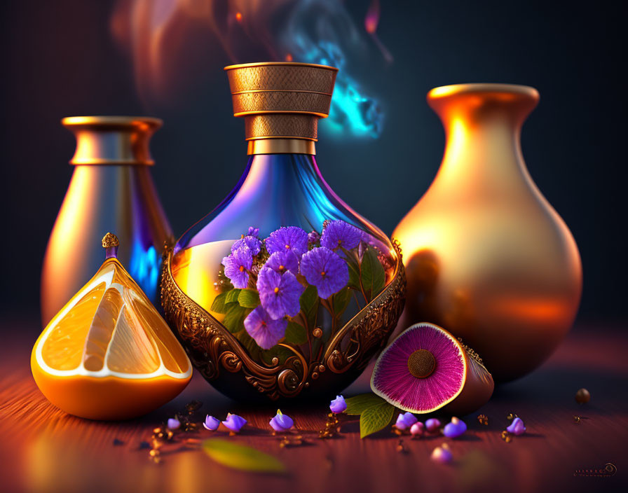 Translucent perfume bottle with blue flowers, golden vases, orange slice, purple flower on dark background