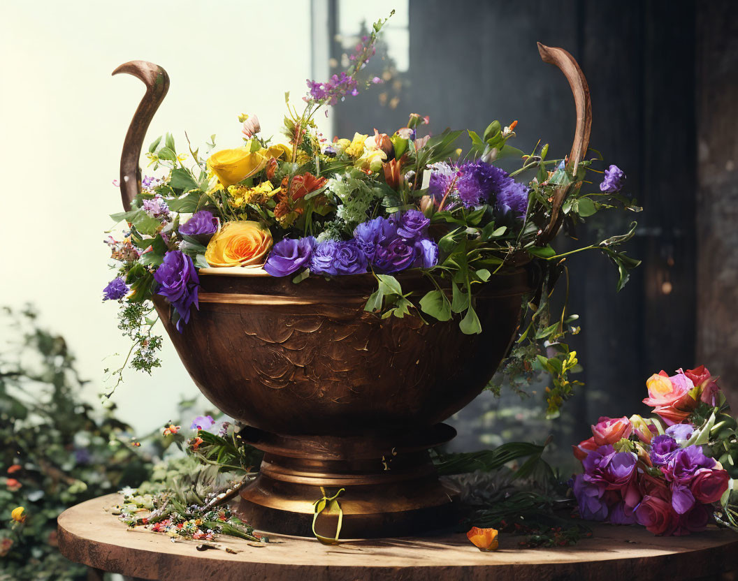 Colorful Flowers Arranged in Bronze Urn on Wooden Surface