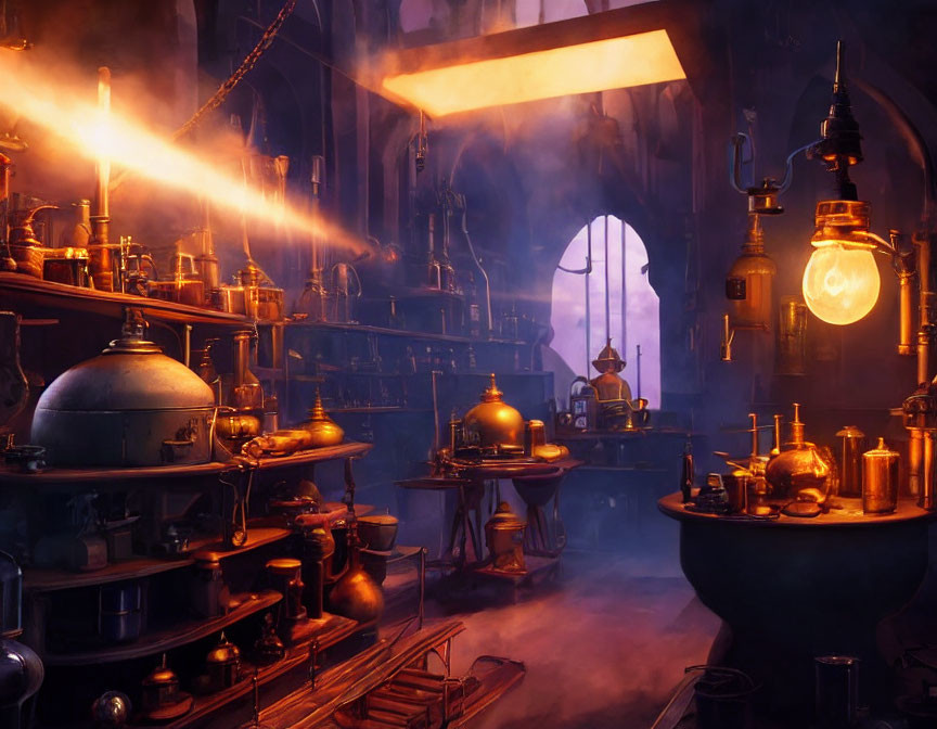 Fantasy alchemy lab with glowing flasks and magical light