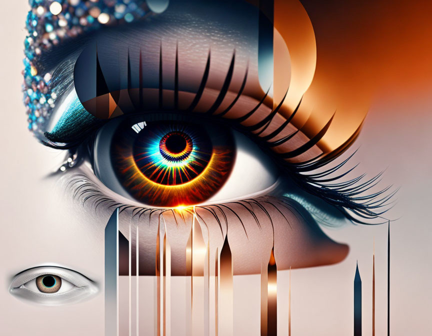 Surreal digital artwork: Oversized eye with colorful iris and piano key lashes