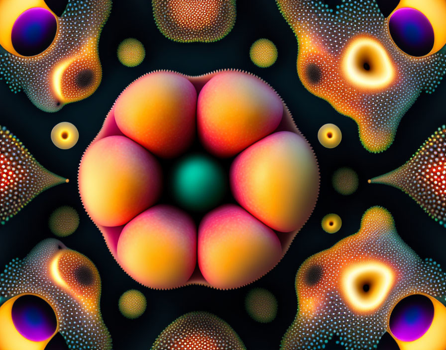 Colorful Symmetrical Digital Art with Glowing Spheres and Abstract Patterns