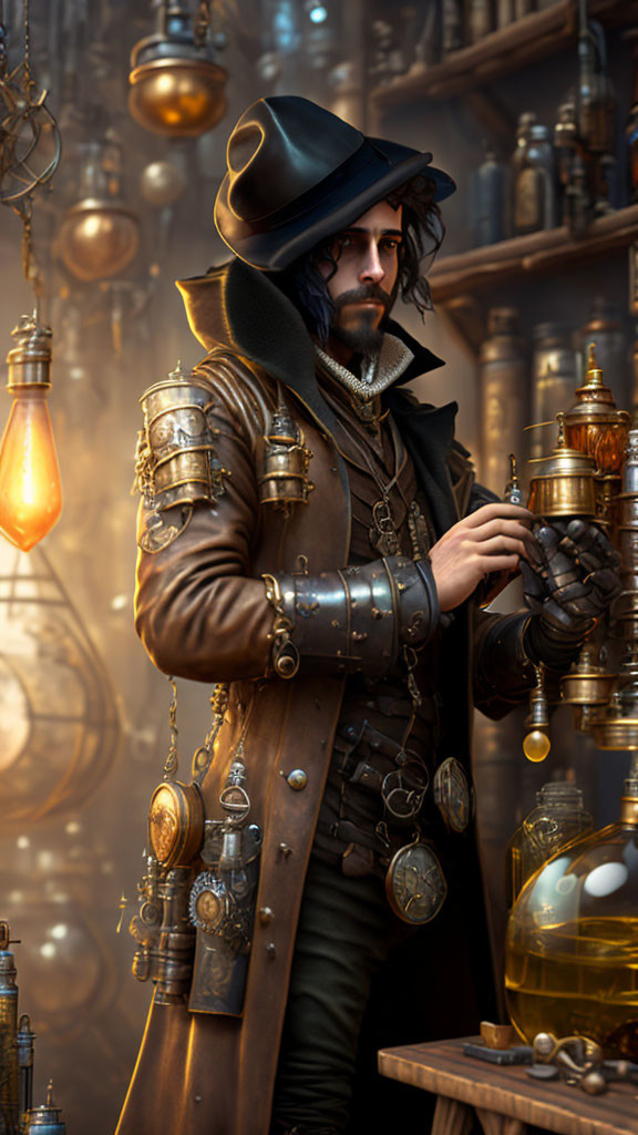 Steampunk man with mechanical arm among intricate machinery and glowing bulbs