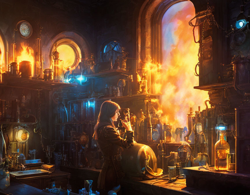 Woman in mystical alchemy lab with potions and portal