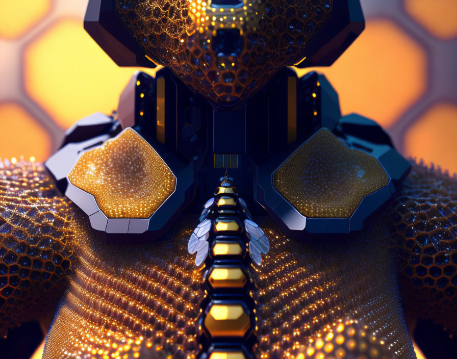 Detailed Close-Up of Futuristic Hexagonal Armor with Metallic Spine in Orange and Blue Hues