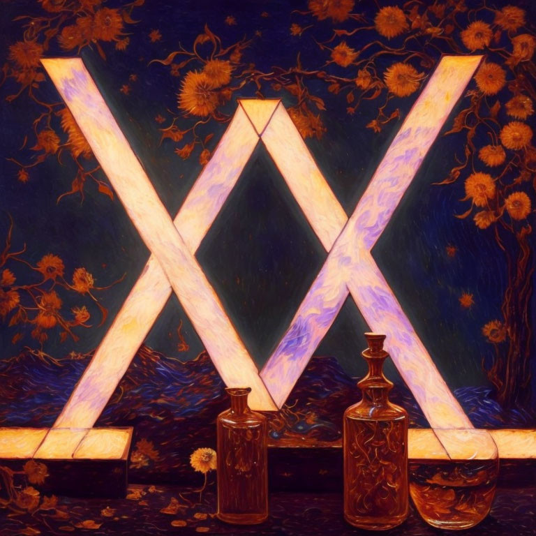 Glowing letter X's on starry night background with glass bottles