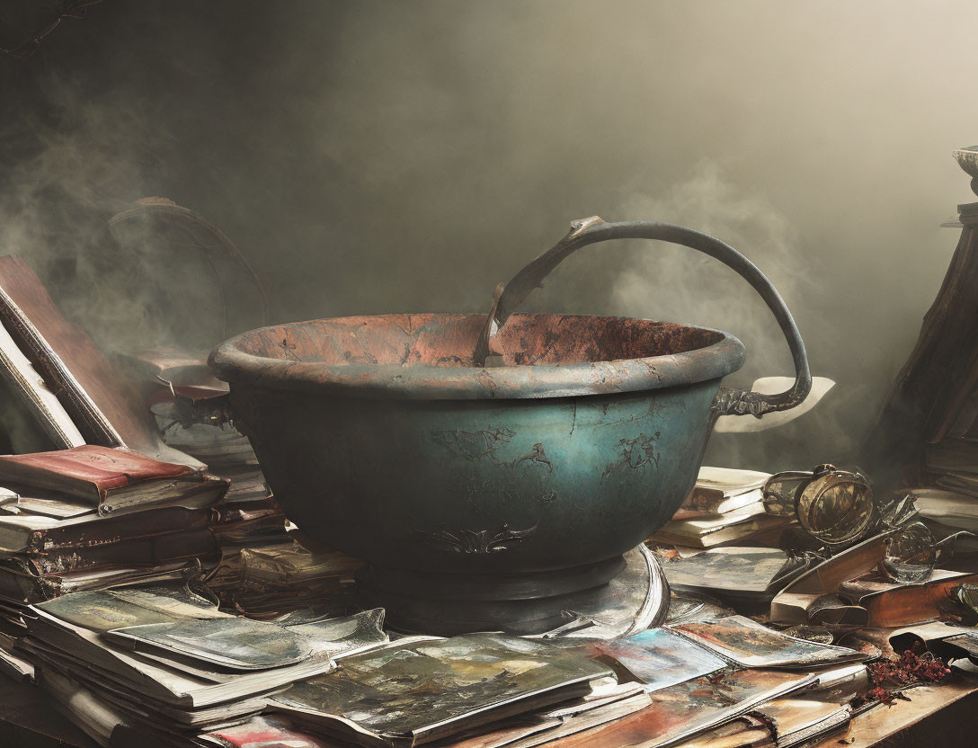 Ancient cauldron surrounded by smoke, books, and parchments