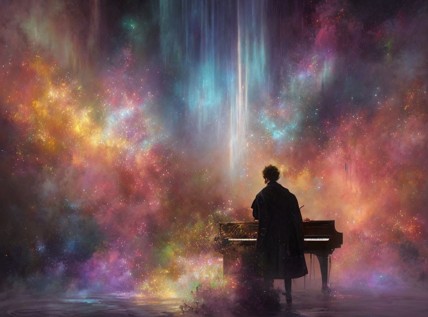 Musician at Grand Piano in Cosmic Color Scene