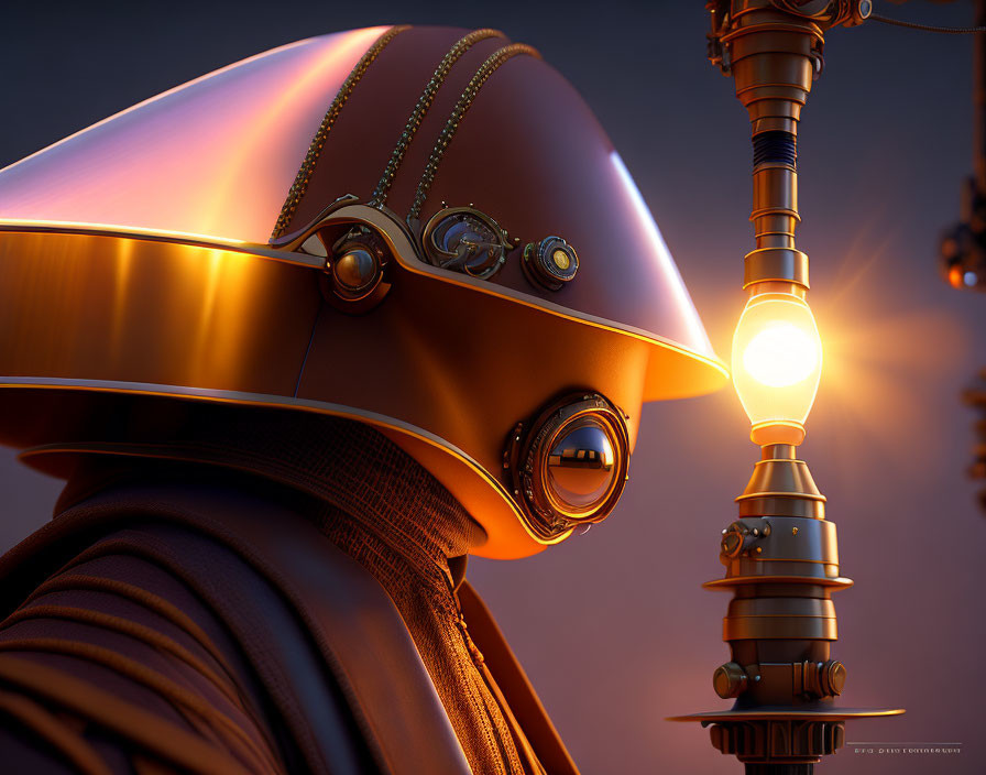 Detailed 3D futuristic robot with golden helmet interacting with glowing orb