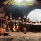 Rustic cave with antique copper pots and utensils