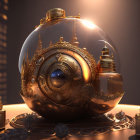 Ornate 3D-rendered golden spherical artifacts with intricate designs and Earth-like globe center