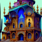 Fantasy building with clock elements and golden spires at dusk