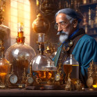 Elderly man in vintage attire with glassware and brass instruments