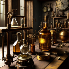 Vintage Chemistry Lab with Glassware and Distillation Apparatuses