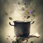 Cauldron emitting smoke with red roses and leaves on warm backdrop