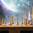 Golden ornate chess set on floating space board with celestial background