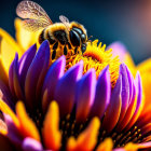 Bee pollinating vibrant purple and orange flower details