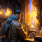 Woman in mystical alchemy lab with potions and portal