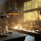 Alchemy laboratory with glowing potions and glassware