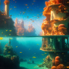 Ornate underwater fantasy city with sunlight, fish, and tranquil depth