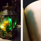 Ornate lantern with green glow, open book, and vibrant flowers