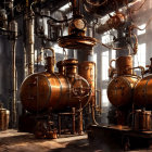 Industrial room with brass pipes and pressure vessels in sunlight glow