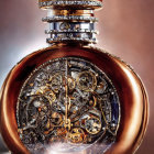 Luxurious Perfume Bottle: Gold Details, Amber Liquid, Floral Motif