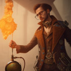 Steampunk-themed image of man with goggles holding lit bulb amid vintage machinery