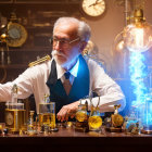 Elderly man in alchemist's workshop with white hair and goggles